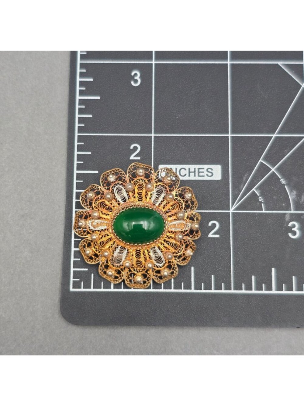 Vintage 830 Silver Vermeil Flower Brooch Green Cabochon Filigree Scandinavian - Picture 12 of 14